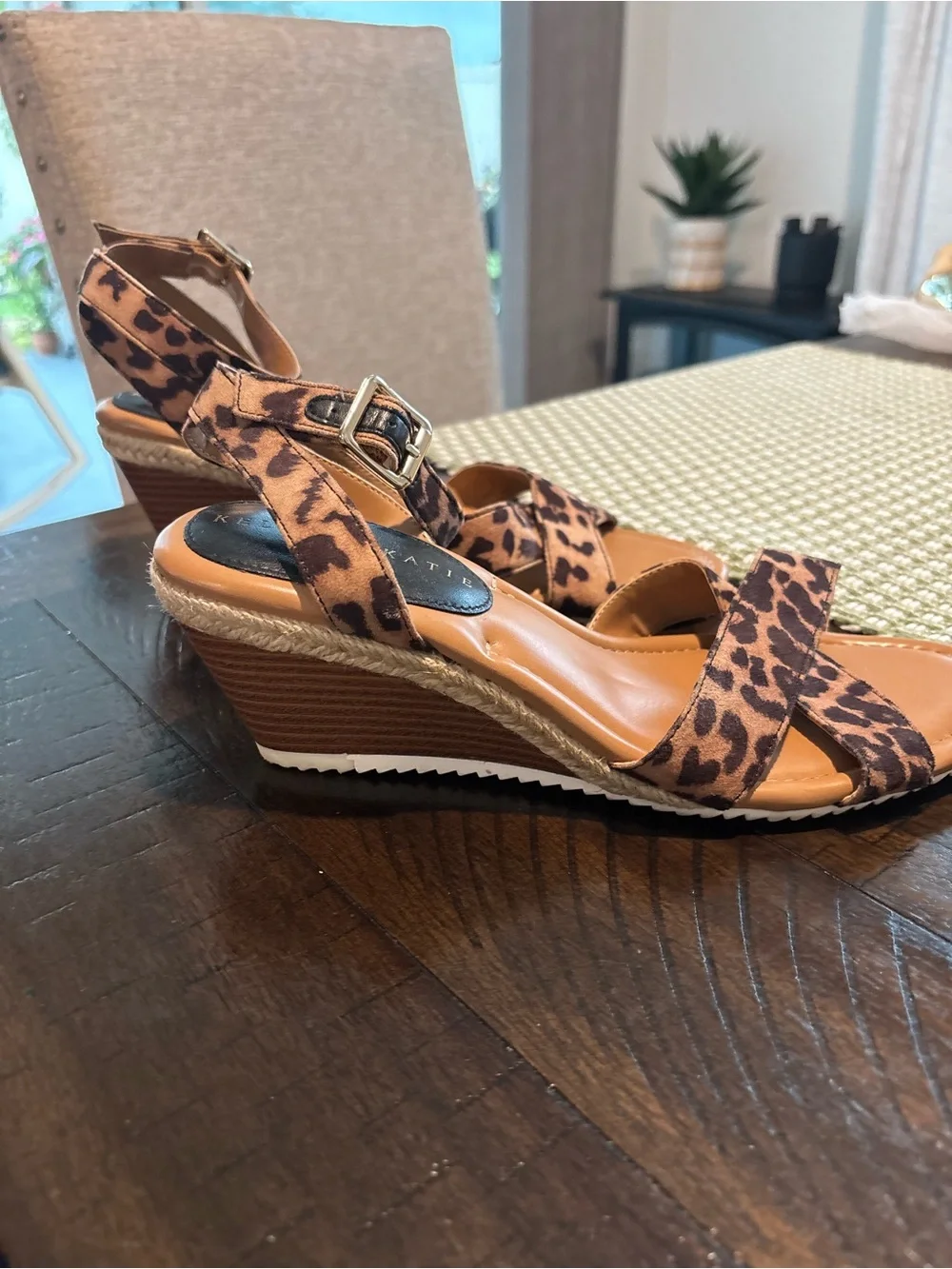 Kelly & Katie Leopard Print Ankle Strap Wedges - Tan/Brown